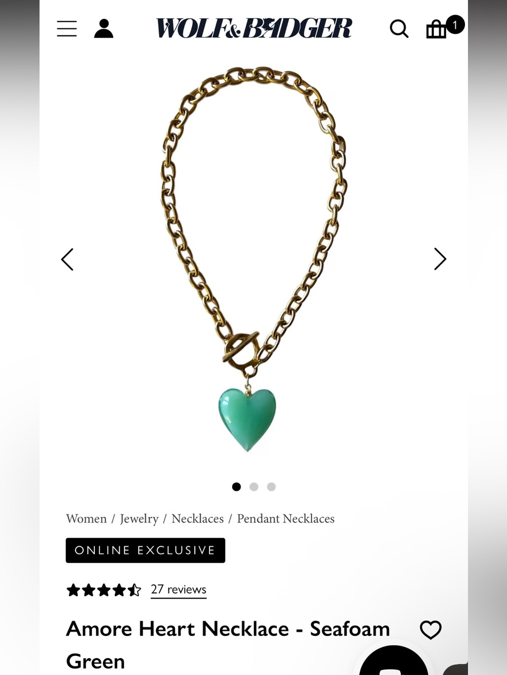 Wolf & Badger Seafoam Green Heart Pendant Necklace